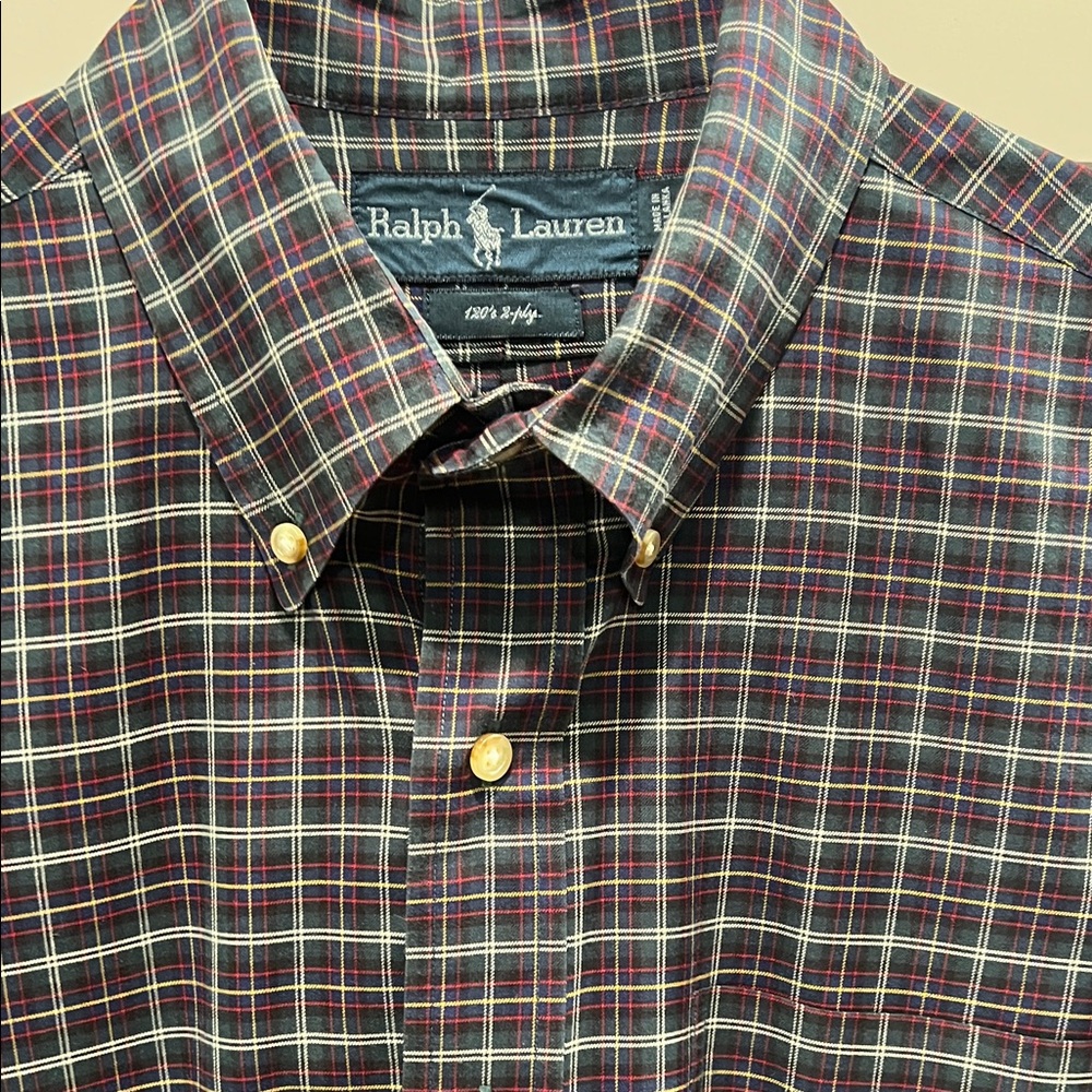 Ralph Lauren Black Plaid Button-Down Shirt with Red & Gray Windowpane L